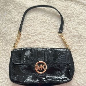Michael Kors black faux snake skin evening bag with gold link chain